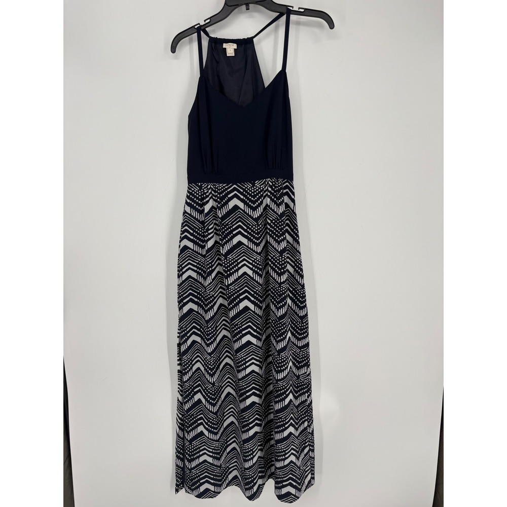 J.Crew Maxi Dress Womens 0 Navy Blue Chevron Geometric‎ Halter C3861 Sleeveless